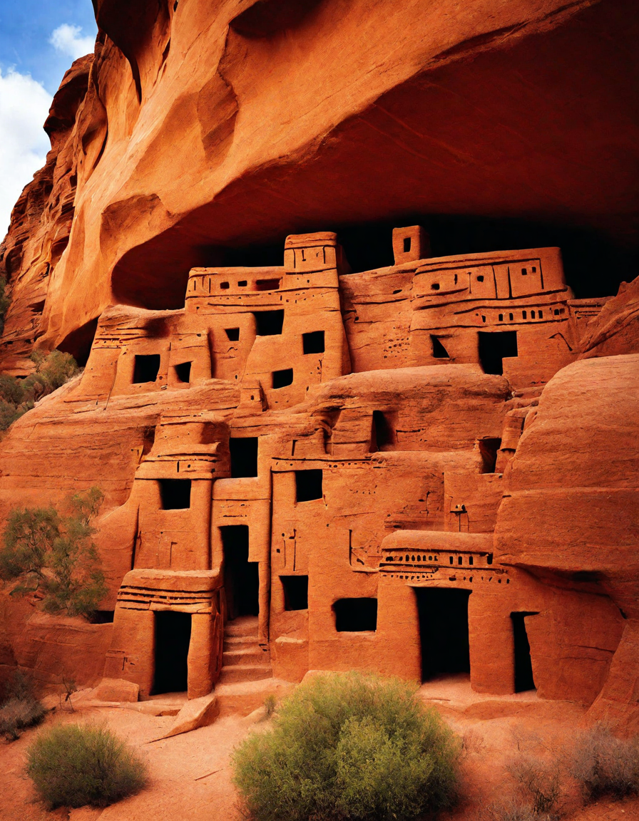 Coloring book image of majestic cliff dwellings showcase intricate pueblo architecture and petroglyphs, offering a glimpse into ancient native american history in color