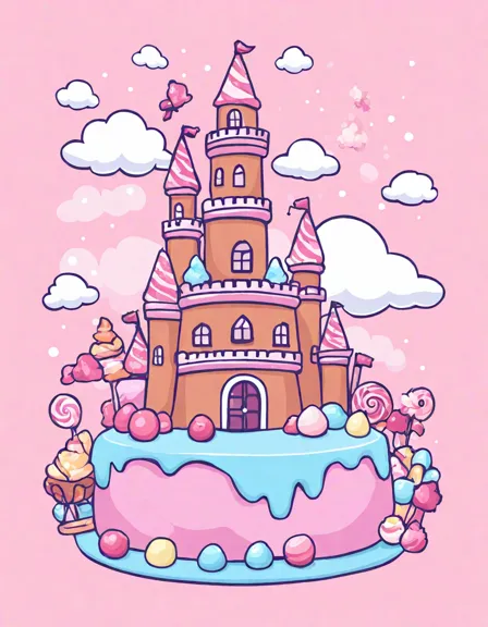 Coloring book image of enchanting frosting covered castle dreams in candy land with gumdrop mountains and chocolate rivers in color