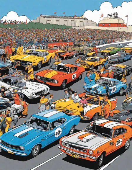 Coloring book image of illustration of classic cars racing on a track with cheering crowd in the background in color