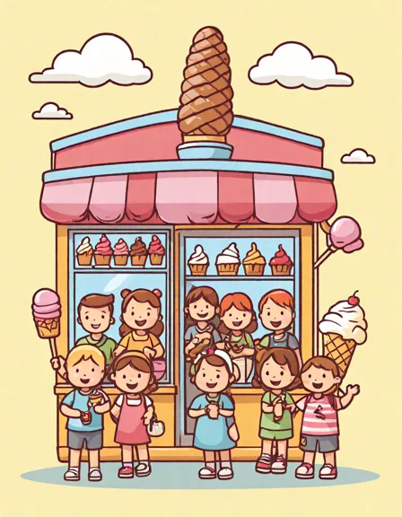 coloring book page of a busy ice cream shop scene with customers and pets enjoying treats in color