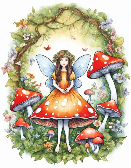 adventures in the fairy kingdom coloring page featuring whimsical fairies, mushroom houses, and the resplendent fairy queen in color