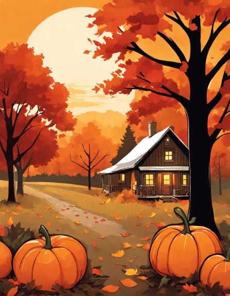 coloring book page of an autumn scene with a pumpkin patch and a farmhouse under a full moon in color