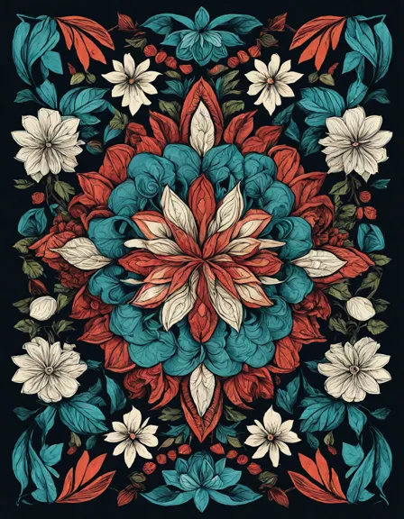 soothing symmetry in nature coloring image with intricate leaves, flowers, and geometric shapes for relaxation and stress relief in color