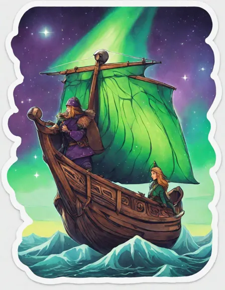 majestic viking ship sailing under northern lights in a coloring book image in color