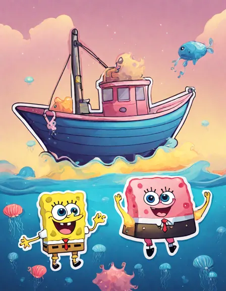 Coloring book image of spongebob and patrick on a jellyfishing adventure in their boat in color