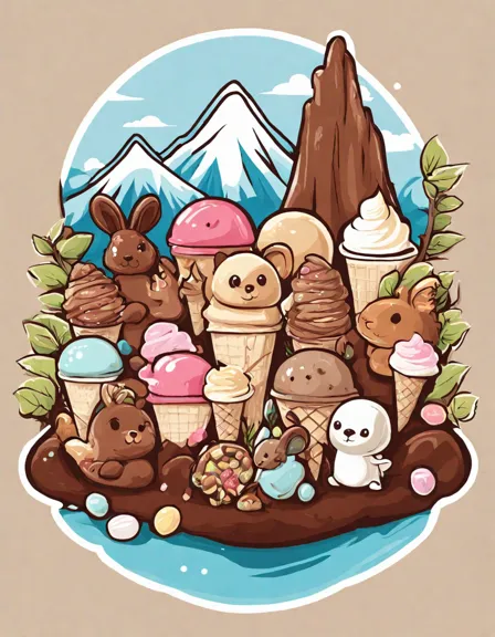 coloring page of a whimsical ice cream shop in a chocolate mountain with animals and happy customers in color