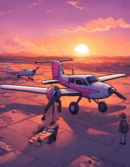Coloring book image of sunset at airfield with colorful sky, airplanes on ground, and pilot checking propeller plane in color