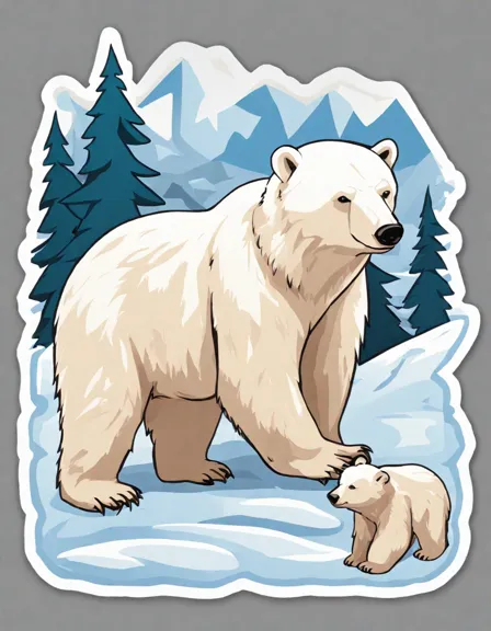 Coloring book image of polar bear family, led by male, protects cubs in arctic wilderness while exploring vast tundra in color