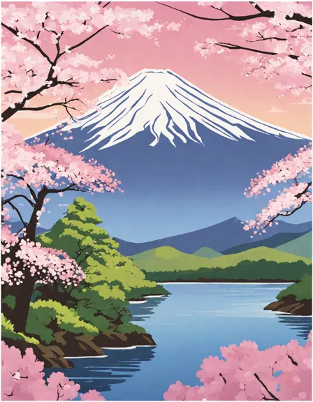 coloring page of mount fuji with cherry blossoms in spring, highlighting japan's natural beauty in color