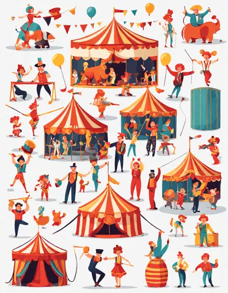 coloring page depicting circus performers and crew preparing under the big tent in color