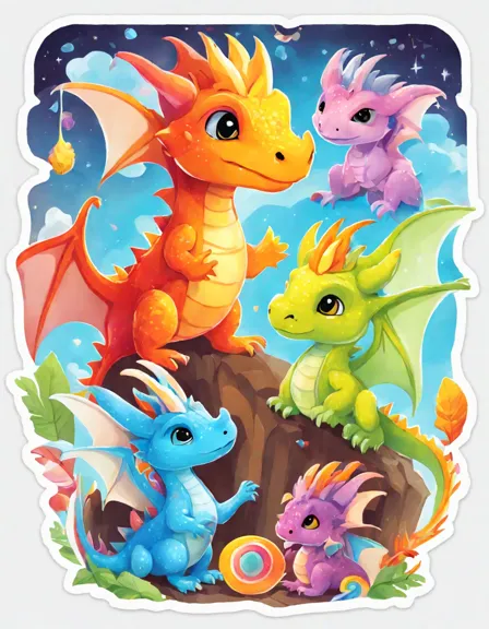 Coloring book image of playful young dragons in a magical nursery with enchanted toys and shimmering scales in color