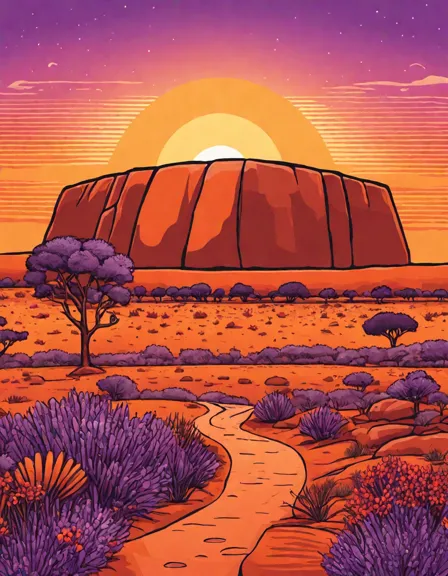 coloring page of uluru at sunset with vibrant sky and outback flora, inviting detailed coloring in color