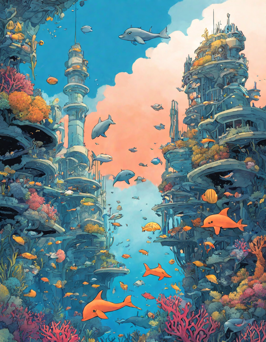 Coloring book image of underwater metropolis with coral skyscrapers, bioluminescent pathways, and marine wonders in color