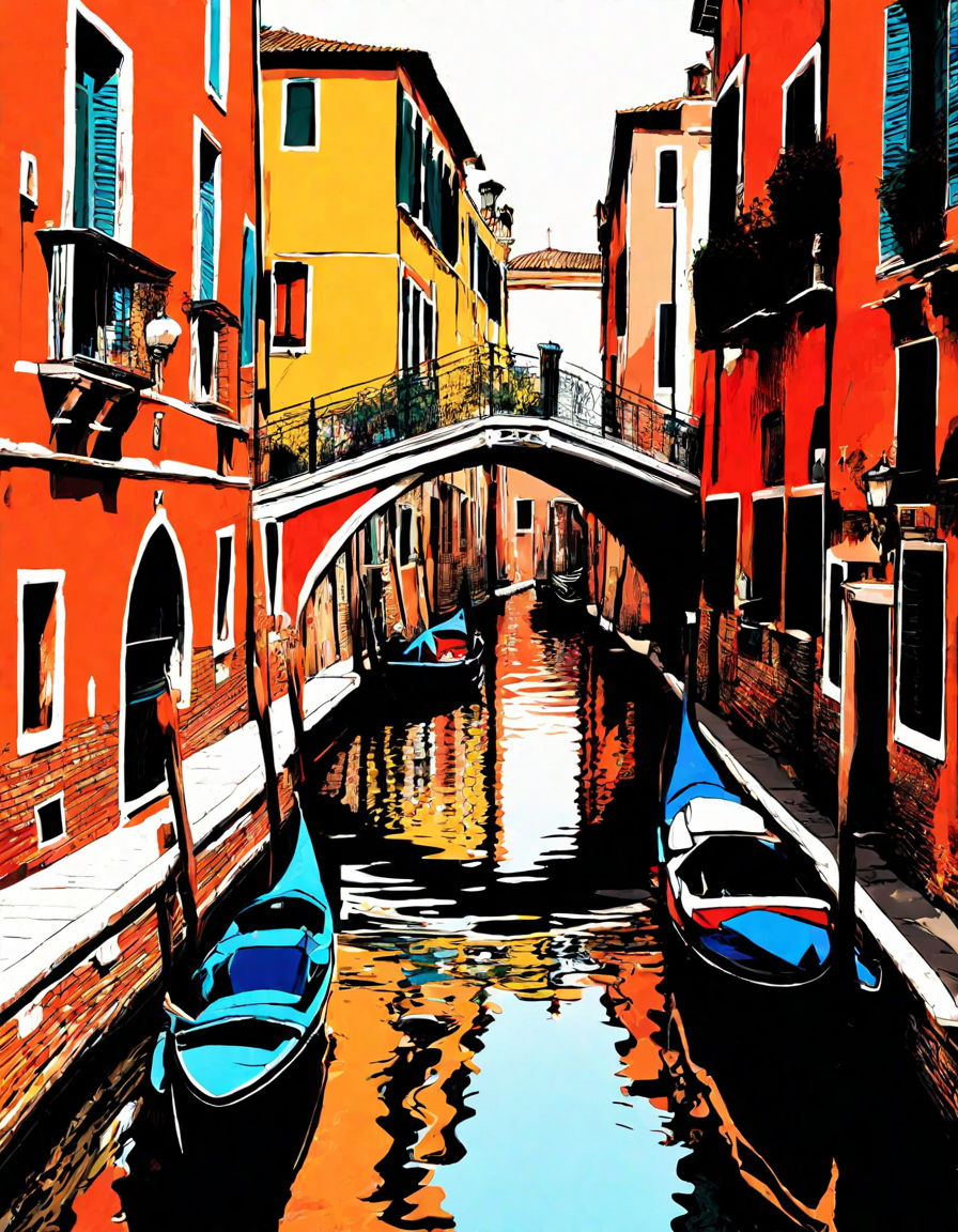 coloring book page showcasing the serene canals of venice with gondolas and historic buildings for a relaxing escape in color