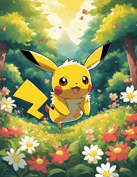 Coloring book image of pikachu and eevee frolic in a vibrant pokemon paradise with lush forest and colorful pokemon inhabiting tall trees in color