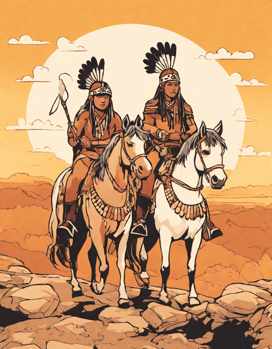 Coloring book image of native american riders in intricate headdresses ride horses into the sunset in color
