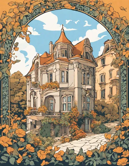 art nouveau coloring page featuring a building with flowing organic lines and floral motifs for immersive creative experience in color
