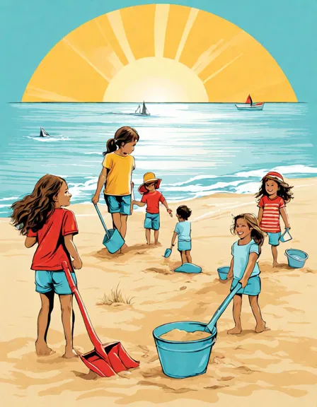 coloring page of beach scene with families building sandcastles by the sea in color