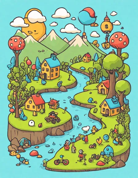 Coloring book image of whimsical math realm with dancing numbers, vibrant landscapes, and playful characters inviting exploration and discovery in color
