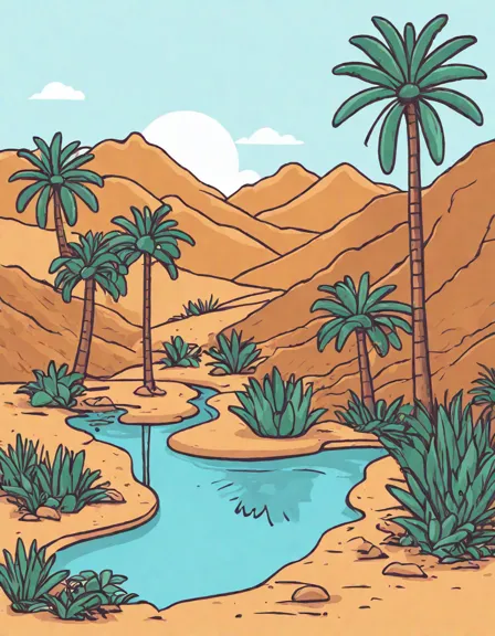 Coloring book image of vibrant desert oasis with lush palms, tranquil pool, and intricate details, inviting creativity in color