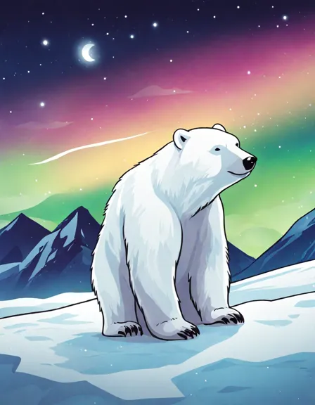Coloring book image of polar bear in the arctic under the northern lights at night in color