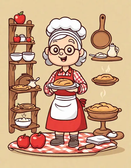 Coloring book image of grandma bakes apple pie, using an old recipe book in a kitchen filled with baking aromas in color