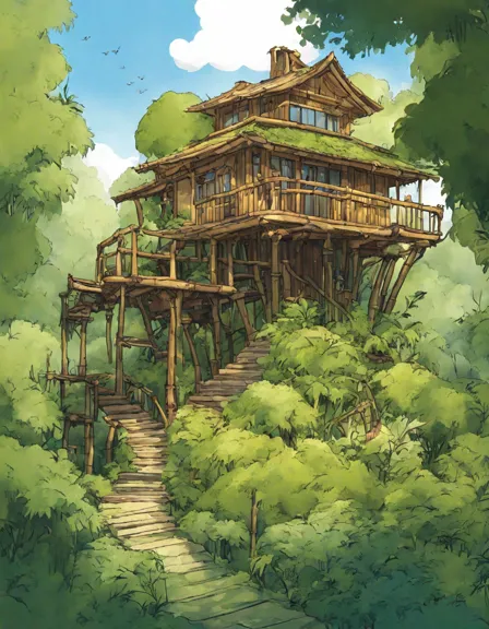 Coloring book image of cozy treehouse amidst a secluded bamboo forest, inviting escape and imagination in color