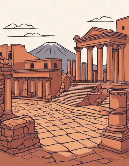 coloring book page showcasing the ancient ruins of pompeii with mount vesuvius in the background in color