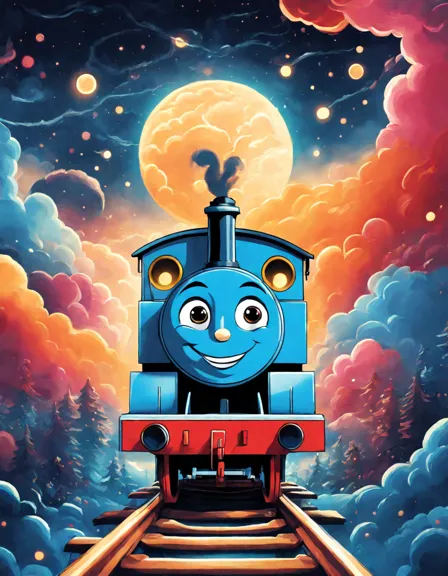 Coloring book image of thomas the tank engine meets a genie on a magical journey, their starry night adventure illuminated by a magnificent lamp in color