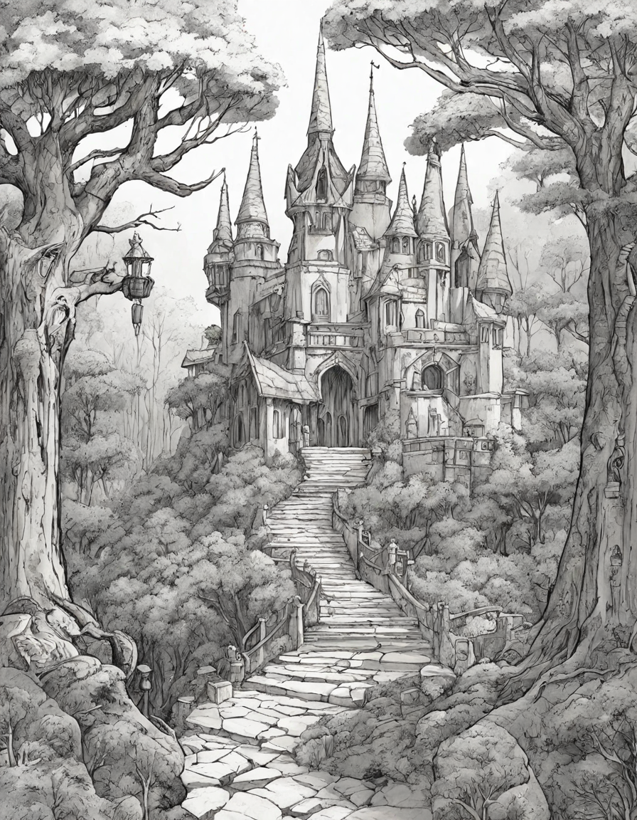 Coloring book image of enigmatic guardians amidst towering trees in a gothic fantasy forest, adorned with intricate carvings and runes in color