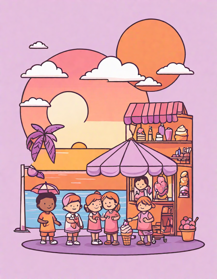 coloring book image of ice cream shop on the beach at sunset with families choosing treats in color