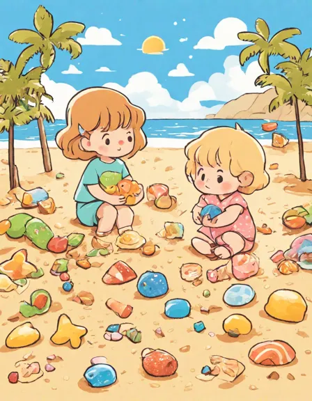 Coloring book image of illustration of candy land's butterscotch beach with licorice palm trees and caramel sea in color