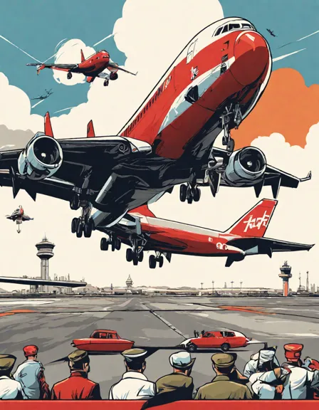 Coloring book image of jumbo jets preparing for takeoff at a bustling airport with detailed designs and liveries in color