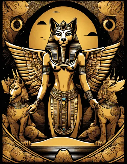 coloring book page featuring ancient egyptian gods ra, isis, anubis, and hathor in detailed regalia in color