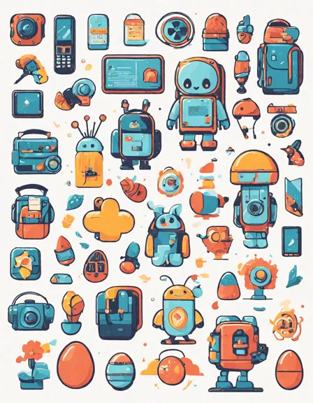 coloring book page featuring explorers, robots, and various techno gadgets with hidden tech icons in color