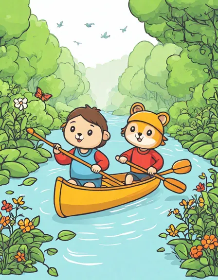 children rowing in a whimsical river scene coloring page with wildlife and lush foliage in color