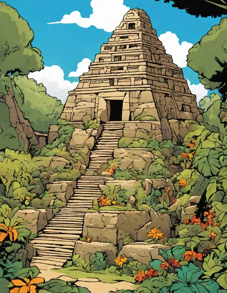 mayan pyramid surrounded by lush jungle, intricate coloring book page for history buffs and enthusiasts in color