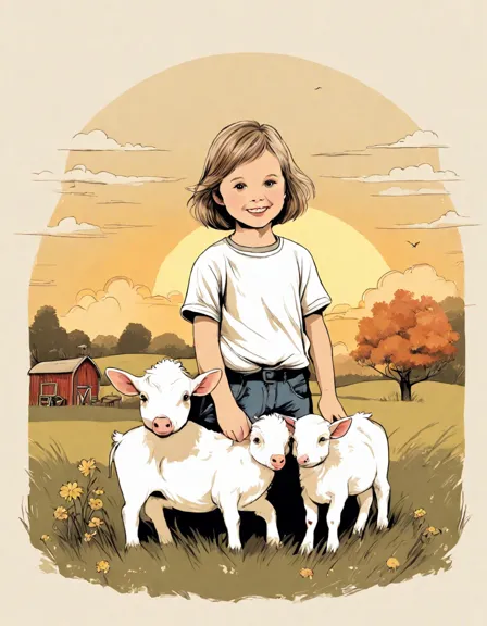 Coloring book image of children playing with farm animals at sunset in a meadow, exuding joy and innocence in color