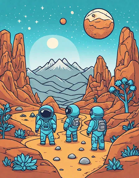 space explorers on alien planet coloring page with mysterious landscape and dual moons in color