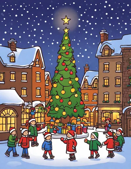 coloring book page of a magical christmas town square with a decorated tree, lights, and carolers in color