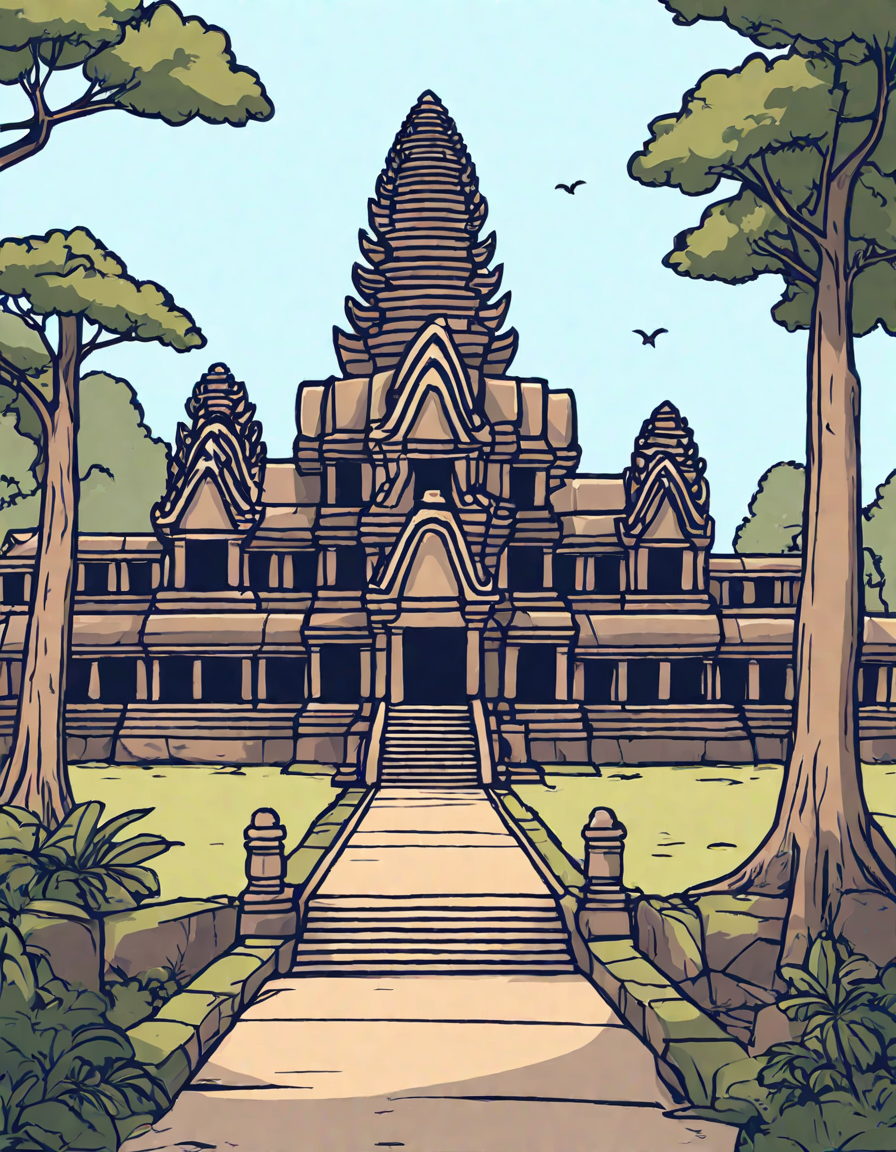 coloring book page featuring intricate angkor wat ruins and overgrown jungle paths in color