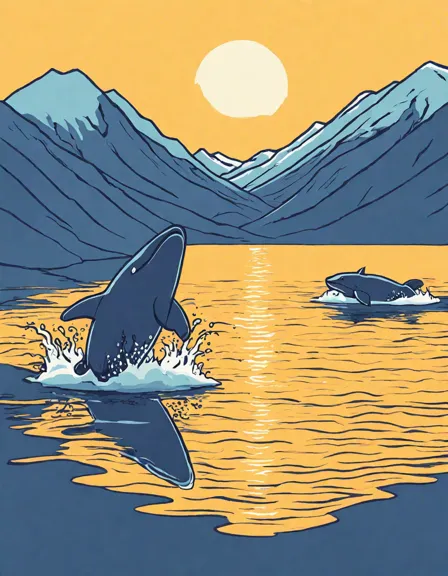 Coloring book image of whales breaching under the midnight sun in svalbard, arctic wilderness in color