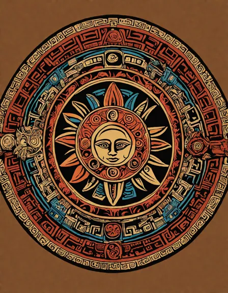 intricate aztec sun stone coloring page with tonatiuh's face and symbols representing aztec calendar deities. ideal for exploring aztec mythology with vibrant colors in color