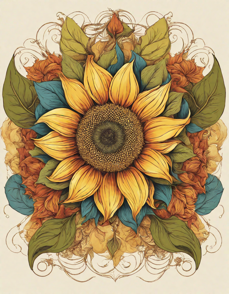 spiraling petals of a sunflower coloring page detailed with fine lines, intricate patterns, and surrounding foliage - ideal for nature art enthusiasts in color