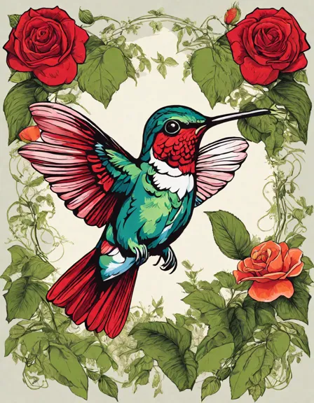 Coloring book image of hummingbird sips from a rose while a squirrel scampers and butterflies dance in a garden in color