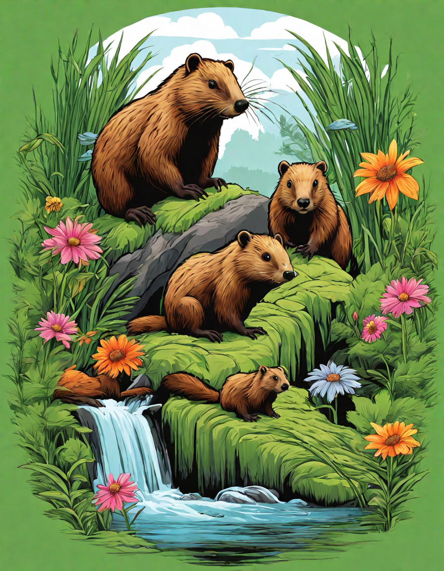 Coloring book image of family of beavers building a dam at busy beaver pond in a zoo setting, surrounded by other animals and nature in color