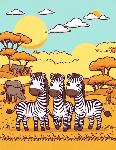 coloring page of a zebra herd grazing in the savannah with playful foals and acacia trees in color