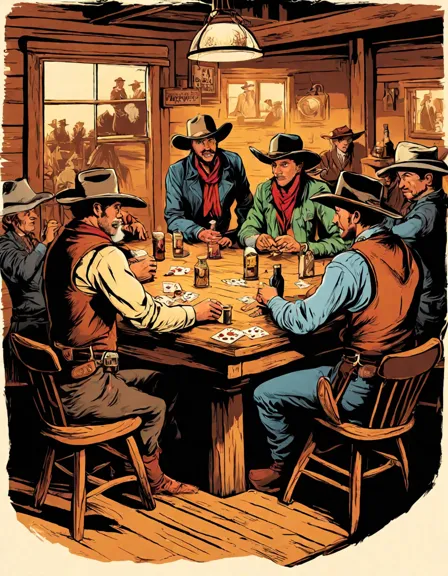 wild west saloon scene with cowboys and cowgirls playing a tense poker game, perfect for coloring in color