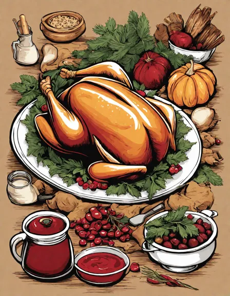 Coloring book image of family preparing holiday feast with turkey, sides, and pies in a warm kitchen scene in color