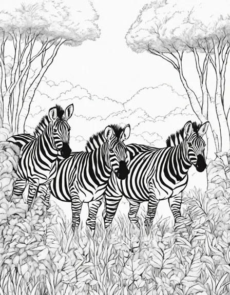 coloring page of zebras running through a lush jungle, inviting a colorful safari adventure in color